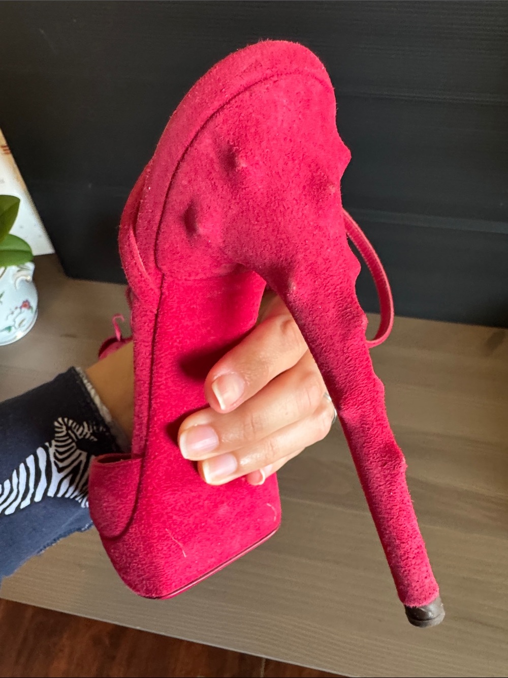 Saint Laurent Red Suede Peep-Toe Stiletto Sandals with Rosette - Picture 5 of 12